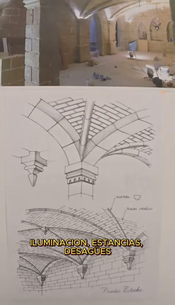 Boceto de la bóveda nervada sobre la foto del espacio real en un proyecto de tematización